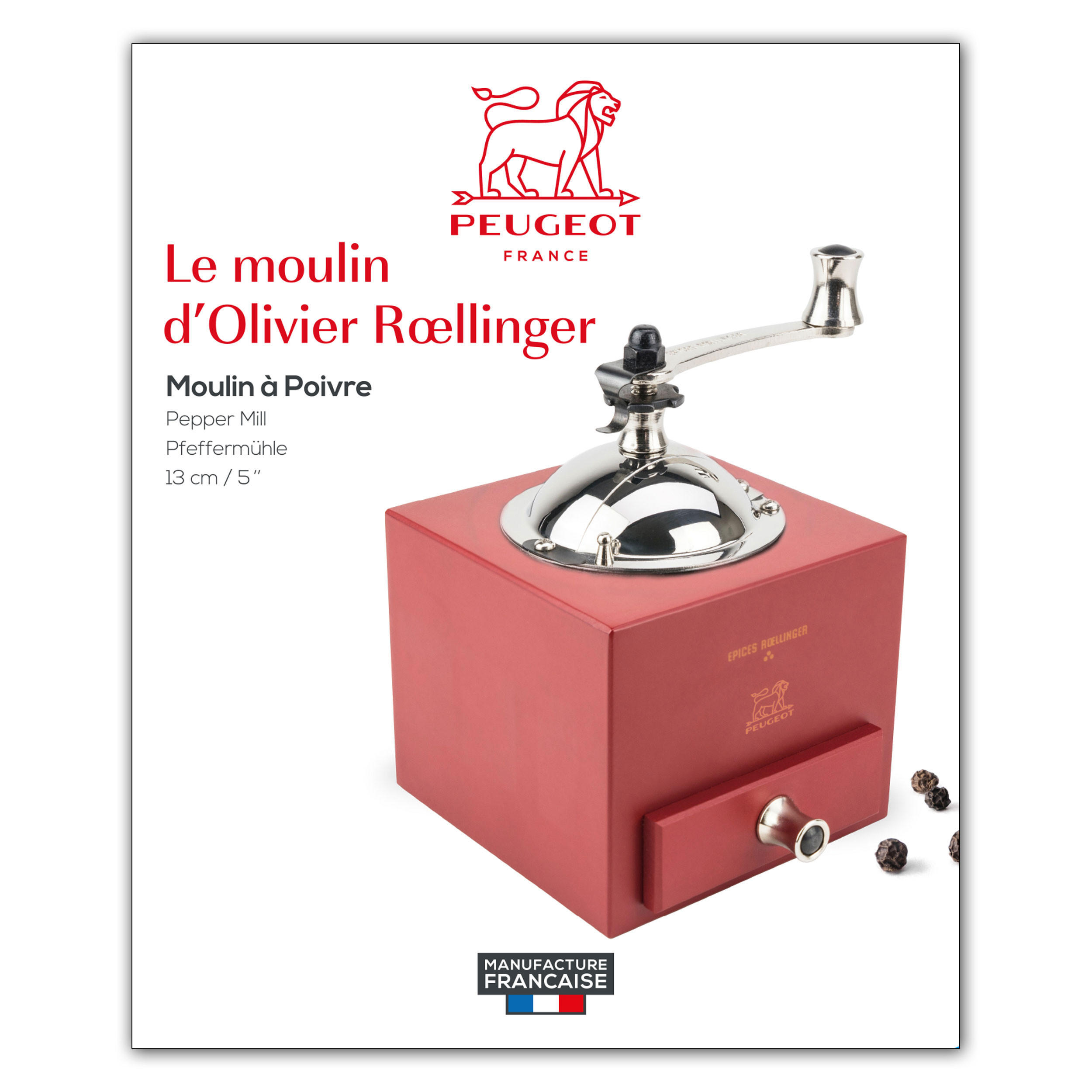PFEFFERMÜHLE Roellinger 13cm Buchenholz Chilirot Stahlmahlwerk - Rot, Holz (8.6/12.5/8.6cm) - PEUGEOT
