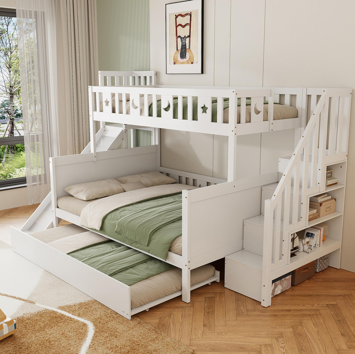 ETAGENBETT aus Massivholz 283x163x172,5 cm in Weiß mit Rutsche & Ausziehbett - Weiß, Holz (90/200cm) - Modfu