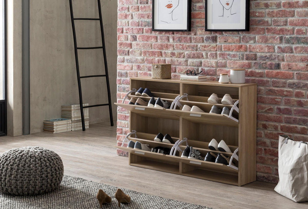 SCHUHSCHRANK Holz mit 4 Klappen und großer Ablage, Beige 120x24x81 cm - Beige, Holz/Metall (120/81/24cm) - KADIMA DESIGN