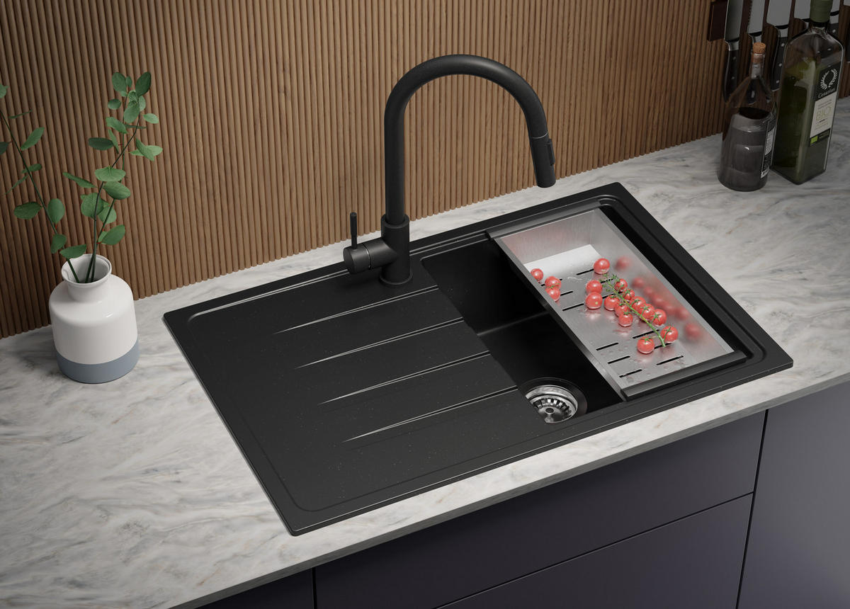 SPÜLBECKEN Mailand, 2-er set Schwarz Metallic 78/50 cm 1 Becken + Ablauf-Set ab 45er Unterschrank - Chromfarben/Schwarz Hochglanz, Kunststoff (78/19/50cm) - Primagran