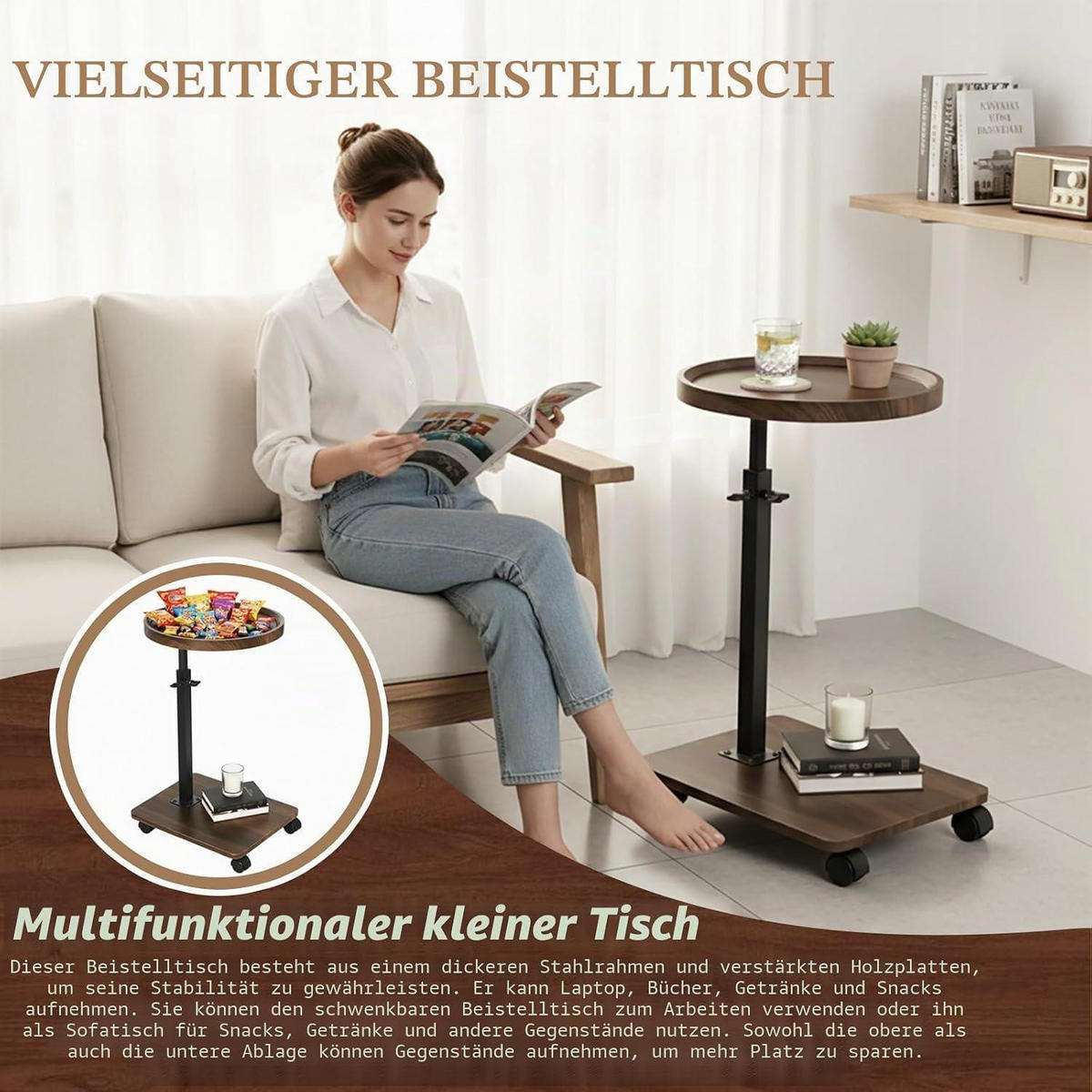 BEISTELLTISCH höhenverstellbar mit Rollen Walnussoptik - Braun, Holzwerkstoff (40/40/80cm)