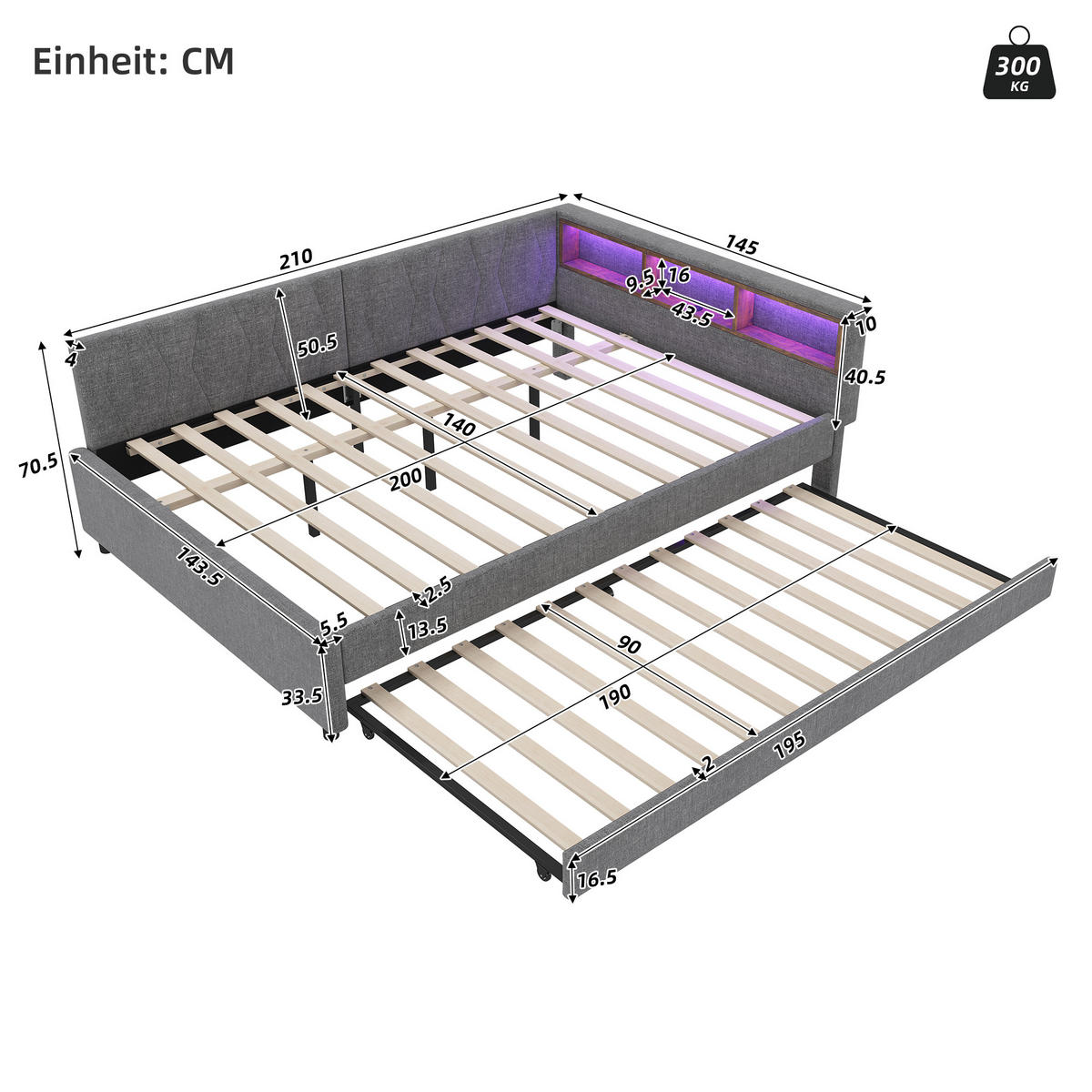 TAGEBETT 140x200cm Grau Leinen USB-C LED-Licht Ausziehbett - Grau, Holz (140/200cm) - FLIEKS