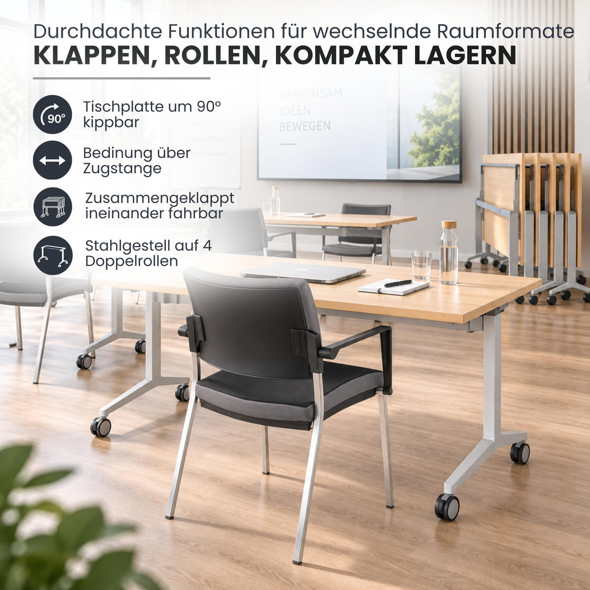 SEMINARTISCH klappbar & fahrbar 80/120/75 cm in Buchefarben/Silberfarben - Buchefarben/Silberfarben, Holzwerkstoff (80/120/75cm) - bümö