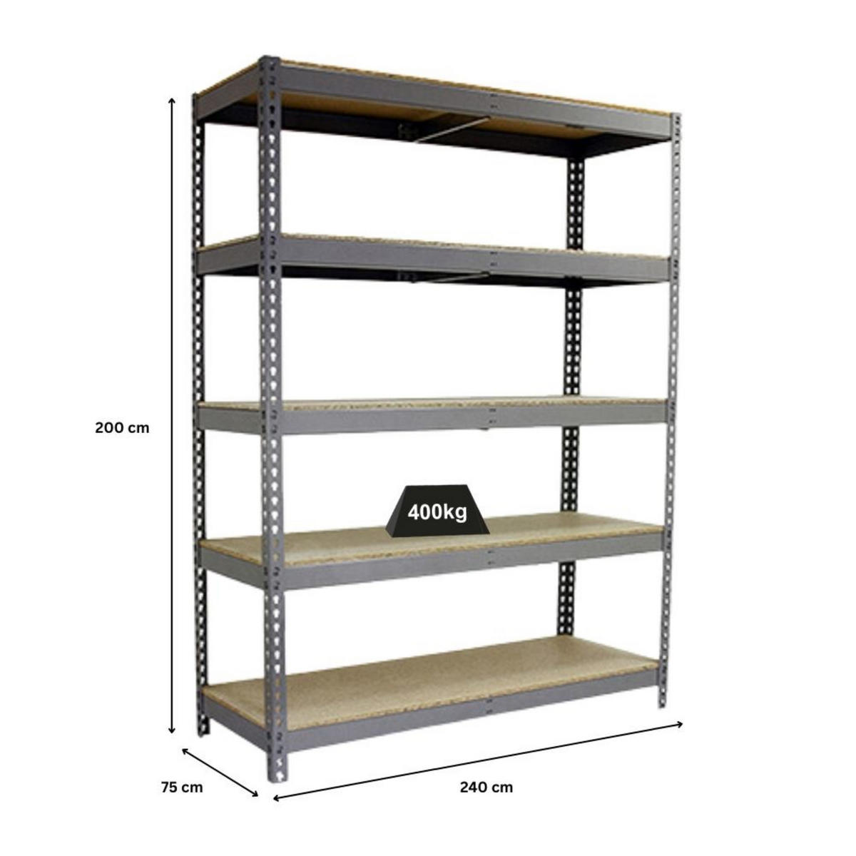 SCHWERLASTREGAL Wood Beast Five HxBxT 200 x 240 x 75 cm 5 Ebenen Fachlast 400 kg Grau - Grau, Metall (240/200/75cm) - PROREGAL