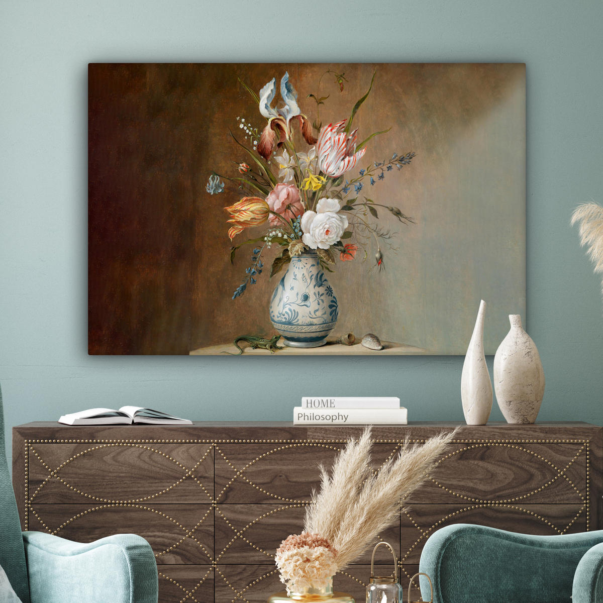 LEINWANDBILD Alte Meister - Blumen - Balthasar van der Ast Wohnzimmer Groß 120x80 cm - Hellbraun, Textil (120/80cm) - MuchoWow