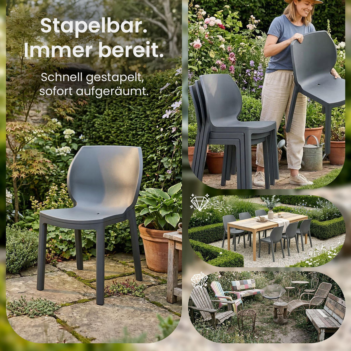 GARTENSTUHL 6 Kunststoff Dunkelgrau - Dunkelgrau, Kunststoff (58/80/59cm) - CLP