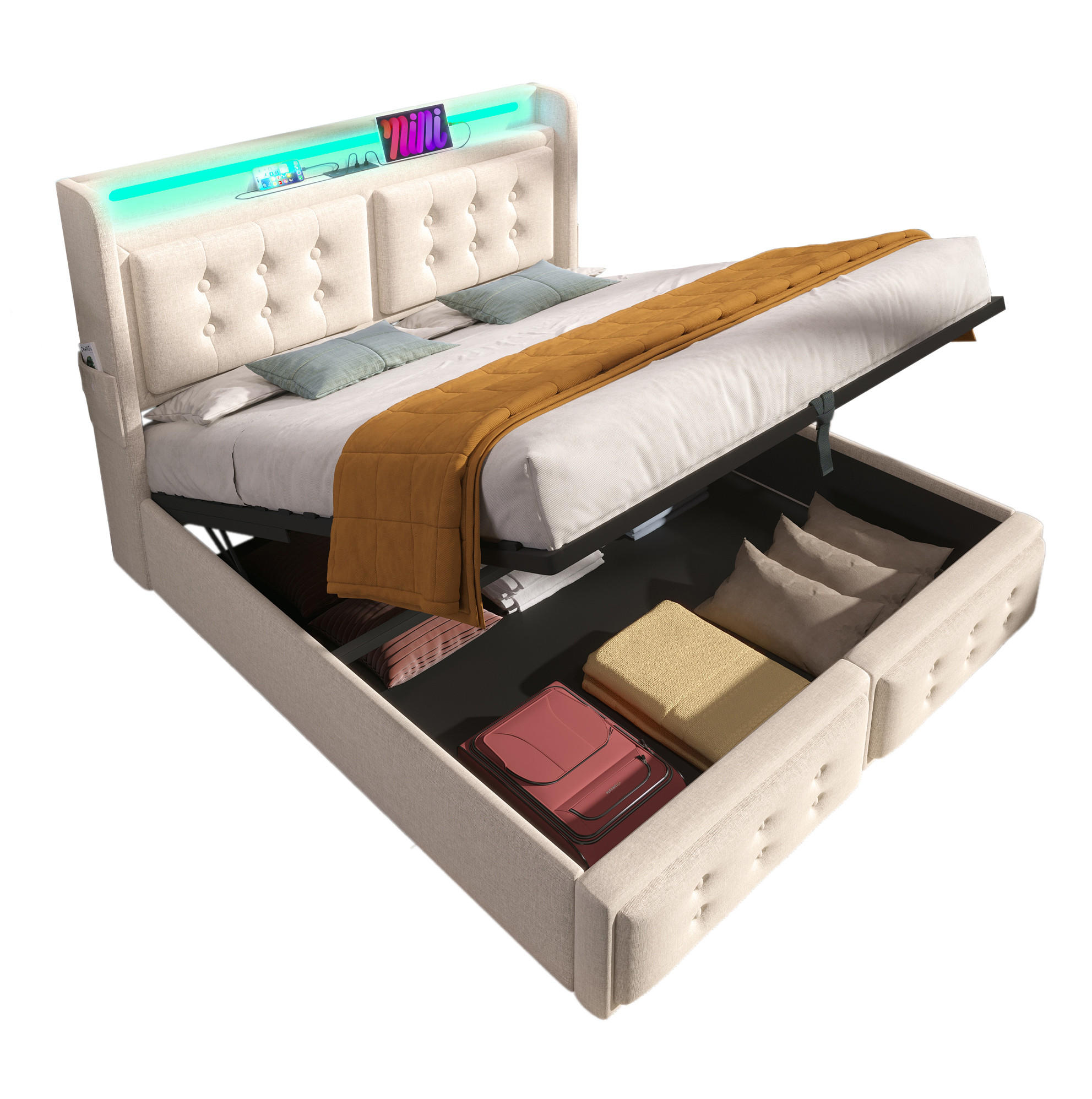 POLSTERBETT 160/200 cm Beige mit LED-Beleuchtung, Stauraum und USB-/Type-C-Anschlüssen - Beige, Textil (160/200cm) - Flora Grace
