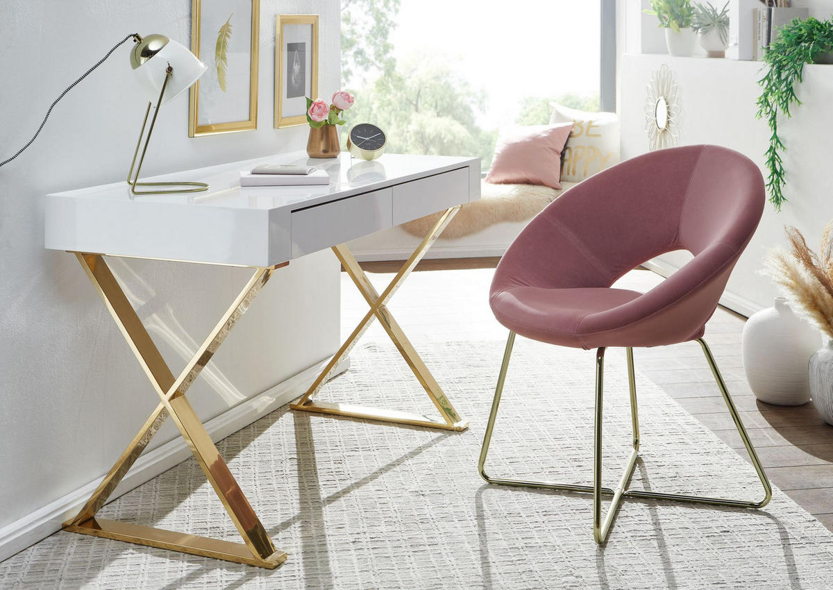 SCHREIBTISCH – Weiß Hochglanz, goldene Beine, 2 Schubladen, modern - Goldfarben/Weiß, Holz/Metall (57/118/76cm) - KADIMA DESIGN