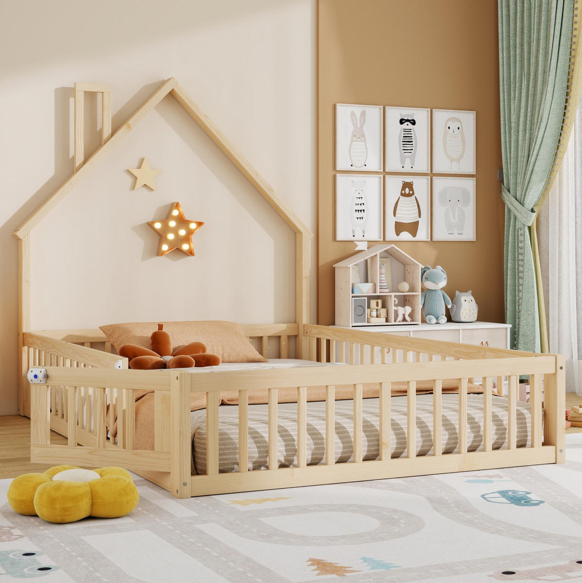 KINDERBETT 140/190 cm mit Lattenrost, Sicherheitsgitter und Schornsteinform, Natur - Naturfarben, Holz (140/190cm) - Redom