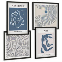 BILDER SET 4er Set - 50x50 cm & 40x60 cm Schwarzer Rahmen - Poster mit abstrakten Linien und Wellen - Schwarz, Kunststoff (50/50cm) - TULUP
