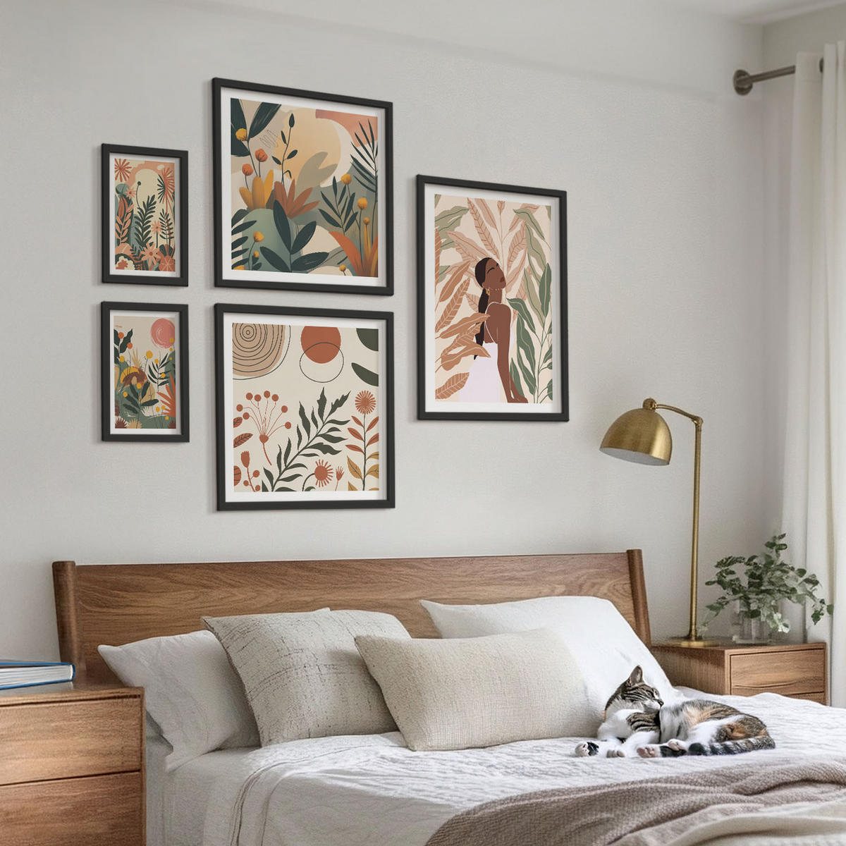 BILDER SET 5er Set - 50x50 cm & 20x30 cm & 40x60 cm Schwarzer Rahmen - Pflanzenmotive in Farben - Schwarz, Kunststoff (40/60cm) - TULUP