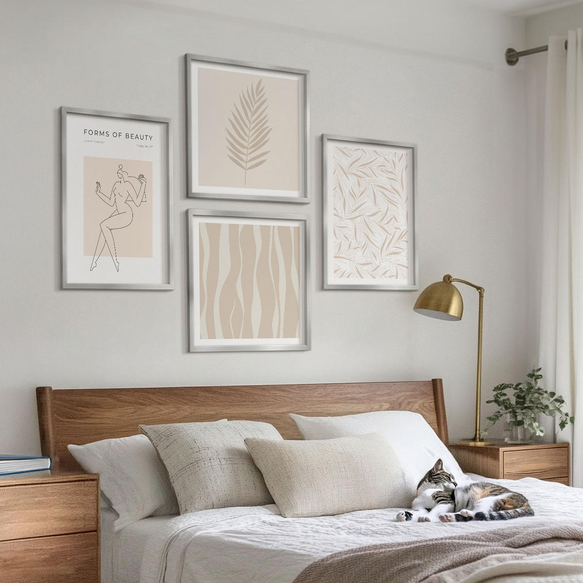 WANDBILDER 4er Set - 50x50 cm & 40x60 cm Silberner Rahmen - Minimalistische Pflanzenmotive - Silberfarben, Kunststoff (50/50cm) - ArtPrintCave