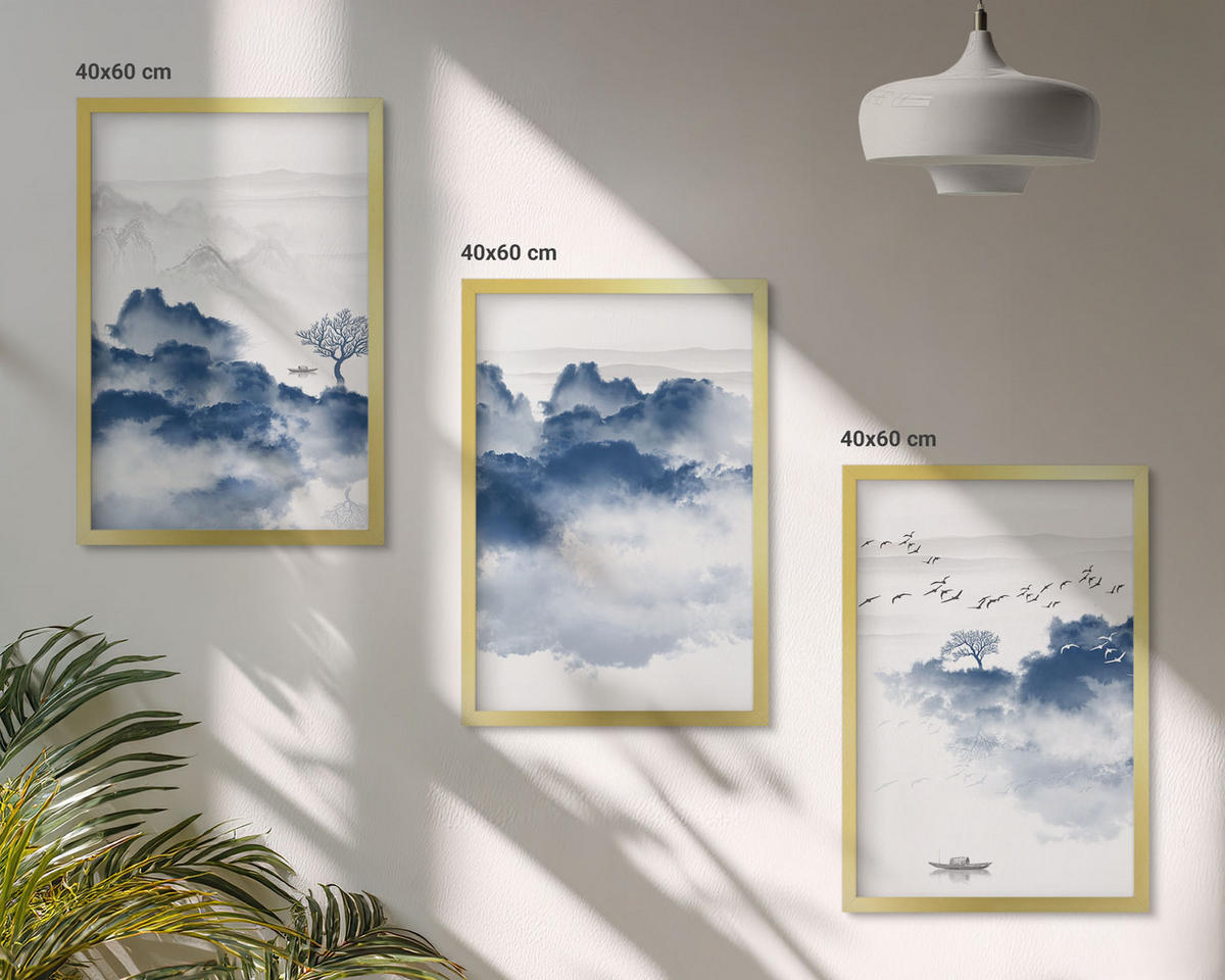 BILDER SET 3er Set - 40x60 cm Goldrahmen - Berge, Wolken, Bäume, Vögel - Goldfarben, Kunststoff (40/60cm) - TULUP