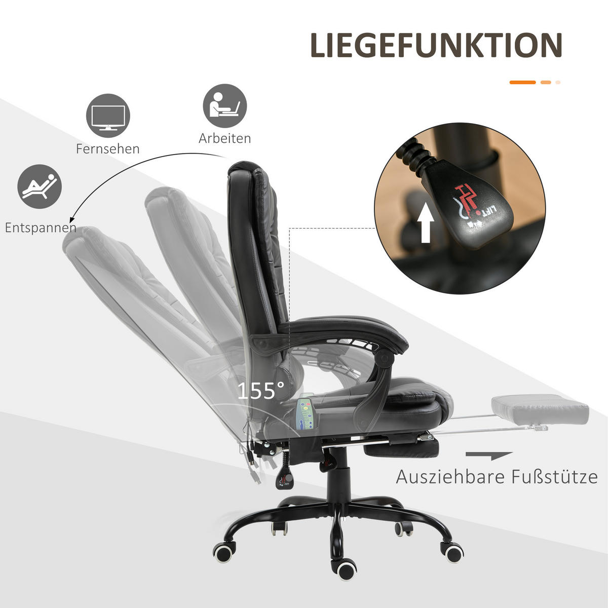 MASSAGESESSEL Chefsessel mit Fußstütze Rückenpolster einstellbar PVC Schwarz - Schwarz, Kunststoff/Metall (79/121/67cm) - Vinsetto