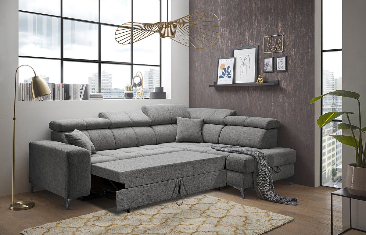 ECKSOFA mit Schlaffunktion - Webstoff - Anthrazit/Schwarz, Kunststoff/Textil (282/198cm) - home24