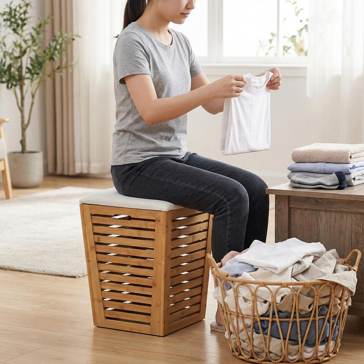 KOŠ bielizne - svetlohnedá, drevo/textil (40/56/40cm) - Relaxdays