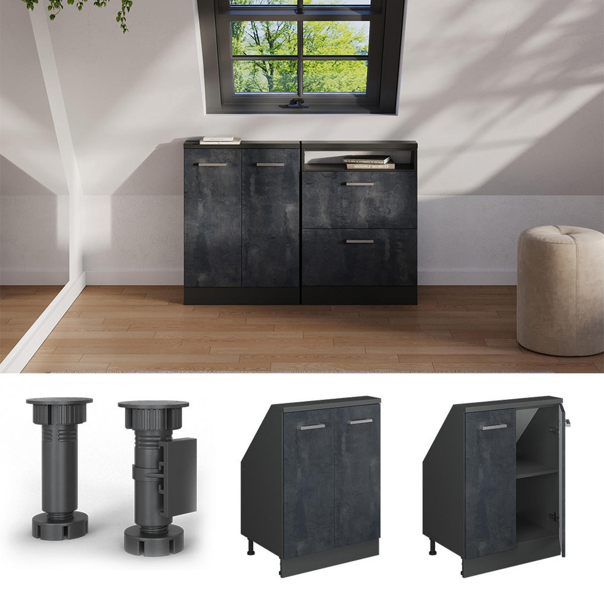 KUCHYŇSKÁ SKŘÍŇKA POD ŠIKMOU STŘECHU R-Line Černý beton/antracit - černá/antracitová, kompozitní dřevo (60/81.6/46cm) - Vicco