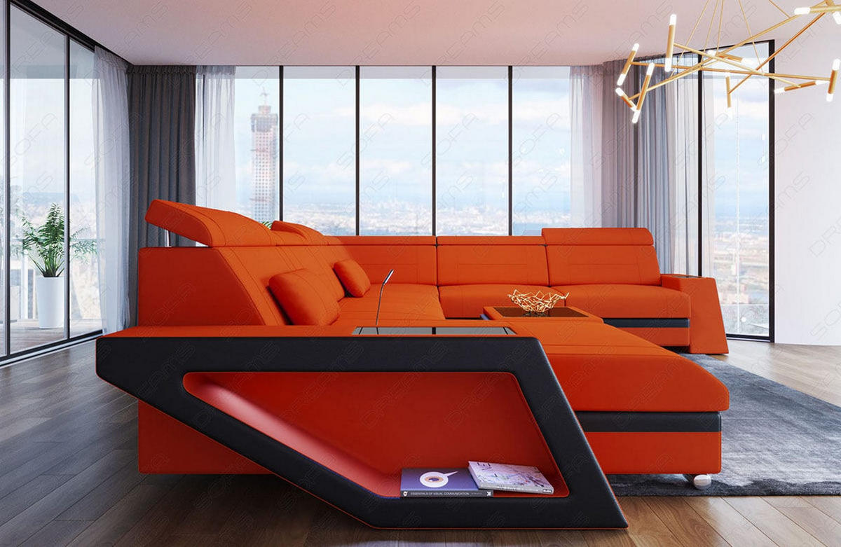 WOHNLANDSCHAFT Catania Orange Schwarz Mikrofaserstoff - Orange, Kunststoff (349/89/264cm)