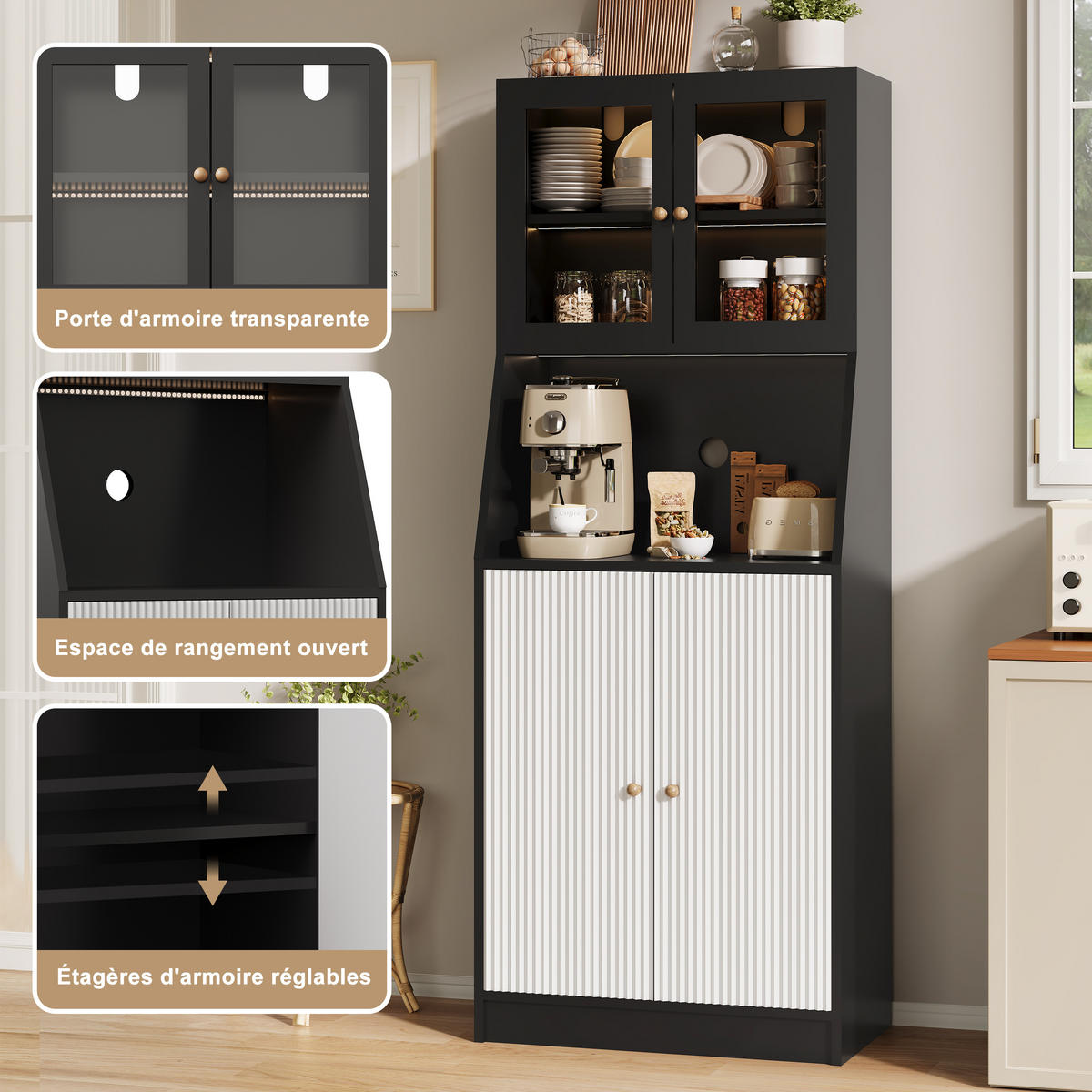 BUFFET hoch 40x70x180 cm LED Arbeitsplatte Stauraum schwarz - Schwarz, Holz (70/180/40cm) - Fortuna Lai