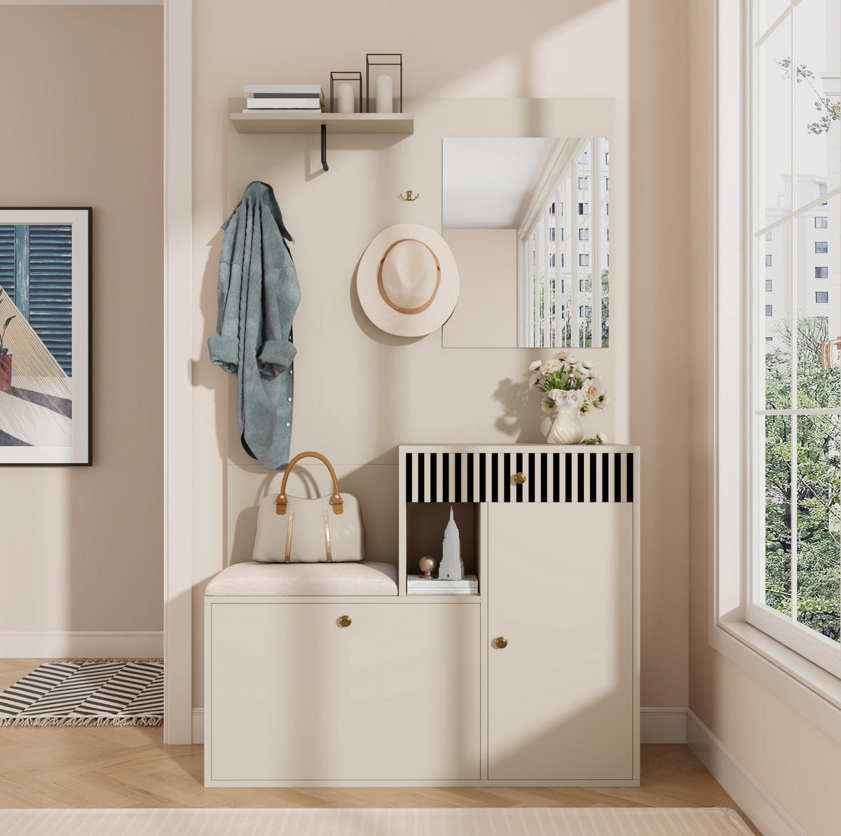 DIELENGARDEROBE mit Spiegel und Sitzbank 110/37/185,5 cm in Kaschmir - Beige, Holzwerkstoff (110/185.5/37cm) - BEAOK