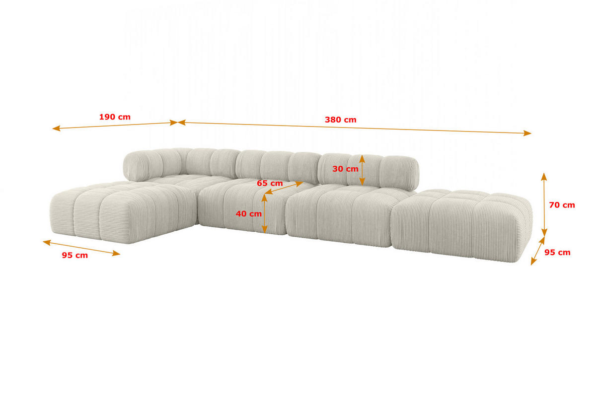 ECKSOFA modulares Sofa Kerru-L2 - 380x190x70 cm Creme Cord - Hellgrau/Creme, Holzwerkstoff/Textil (380/190cm) - ALTDECOR