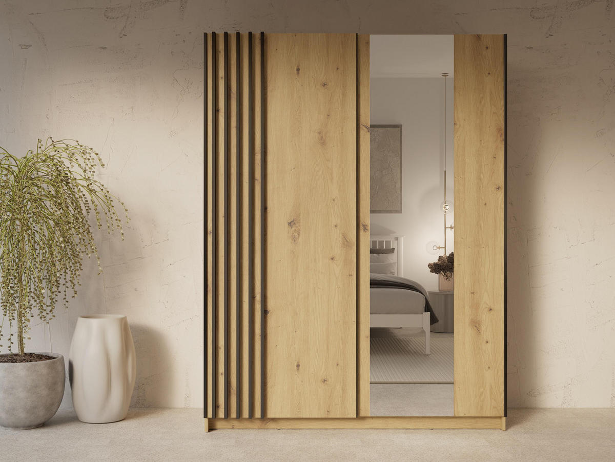 KLEIDERSCHRANK Beralto Braun 150/198,5/63,5 cm – mit Spiegel und Lamellenfront - Braun, Holzwerkstoff (150/198.5/63.5cm) - AX Living