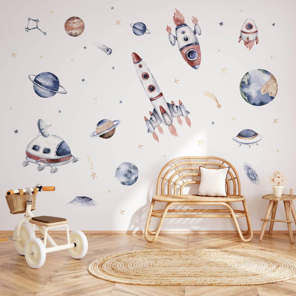 AUFKLEBER SET Weltraumraketen Sternen Planeten 120x60 - Gelb/Beige, Papier (120/60/1cm) - Muralo