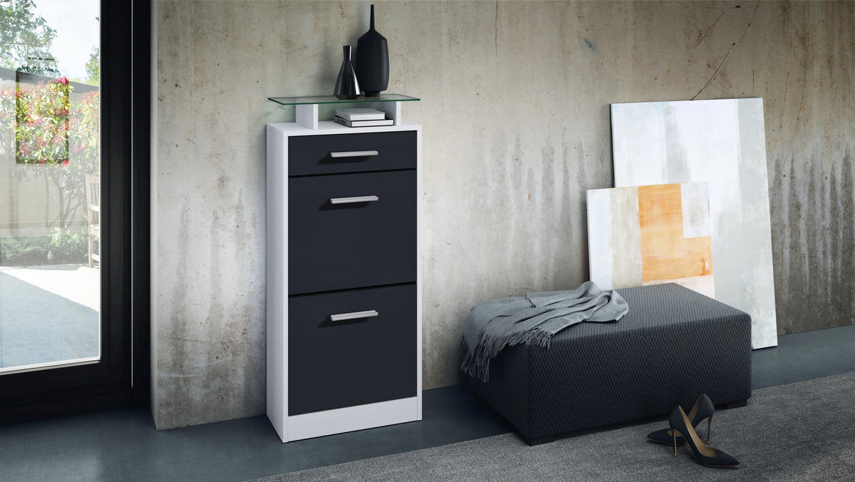 SCHUHSCHRANK Loret Front in Schwarz matt - Schwarz, Holzwerkstoff (46/104/23cm) - Vladon