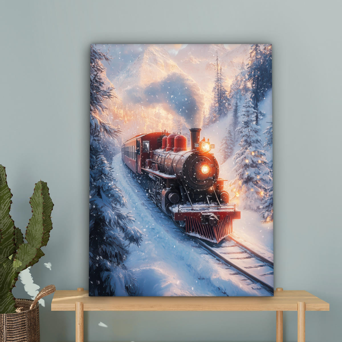 LEINWANDBILD Weihnachtszug - Schnee - Winter - Weihnachten 60x80 cm - Dunkelrot, Textil (60/80cm) - MuchoWow