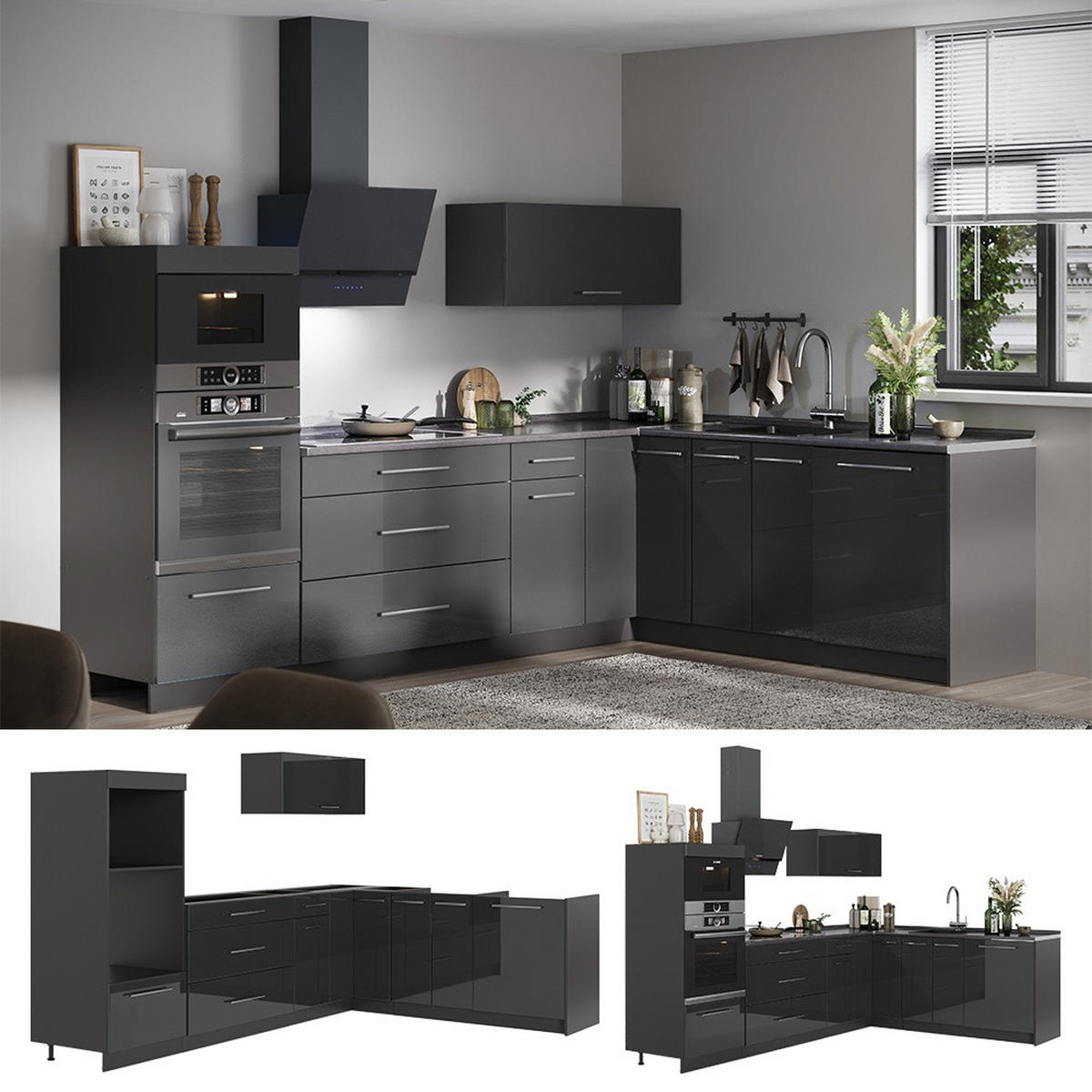 KUHINJA U OBLIKU SLOVA L Fame-Line, Antracit visokog sjaja/Antracit, 287 x 207 cm, RP Hrast - crna visoki sjaj/antracit, drvni materijal (287/153.6/60cm) - Vicco
