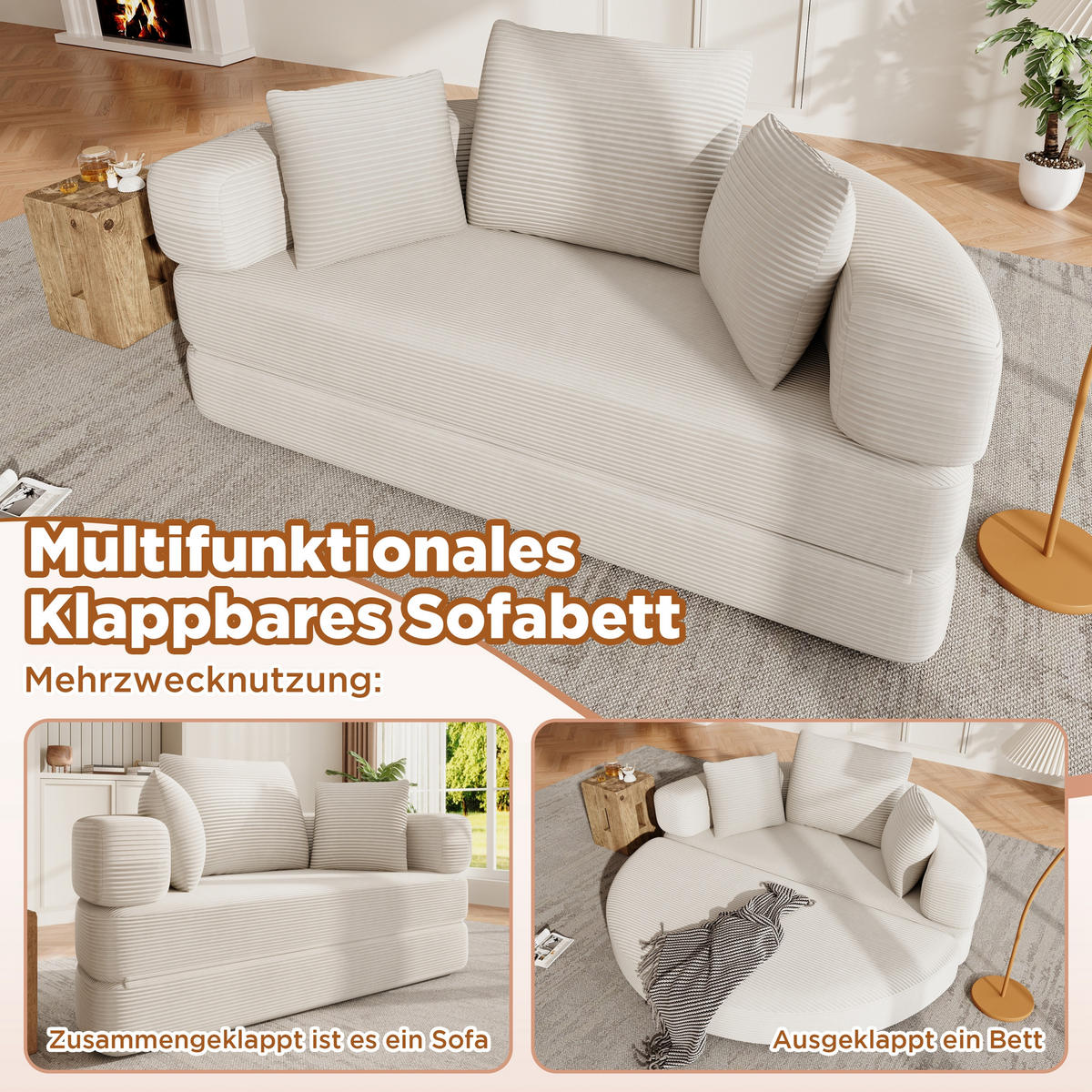 FALTSOFA, freistehendes Klappbett – mit Kissen, modulares Sofa, 173 x 176 cm - Beige, Textil (173/60/88cm) - Vallsero