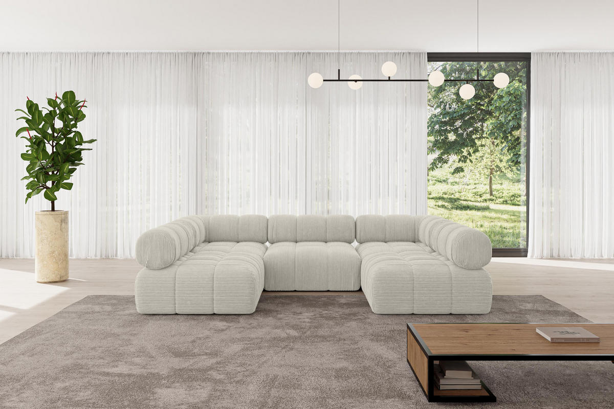 WOHNLANDSCHAFT modulares Sofa Garvo-U1 - 285x190x70 cm Creme Cord - Hellgrau/Creme, Holzwerkstoff/Textil (285/70/190cm) - ALTDECOR