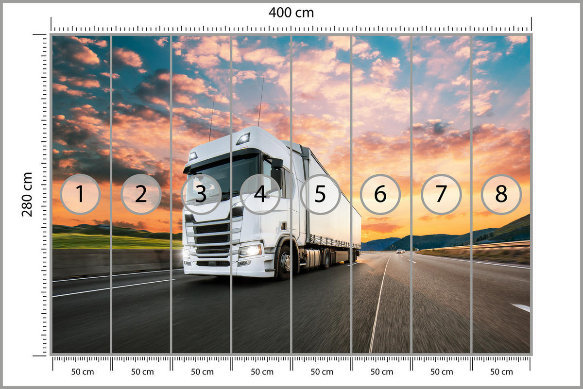 FOTOTAPETE Ein Lastwagen Autobahn Sonnenuntergang Berge 400x280 - Rosa/Orange, Papier (400/280cm) - Muralo