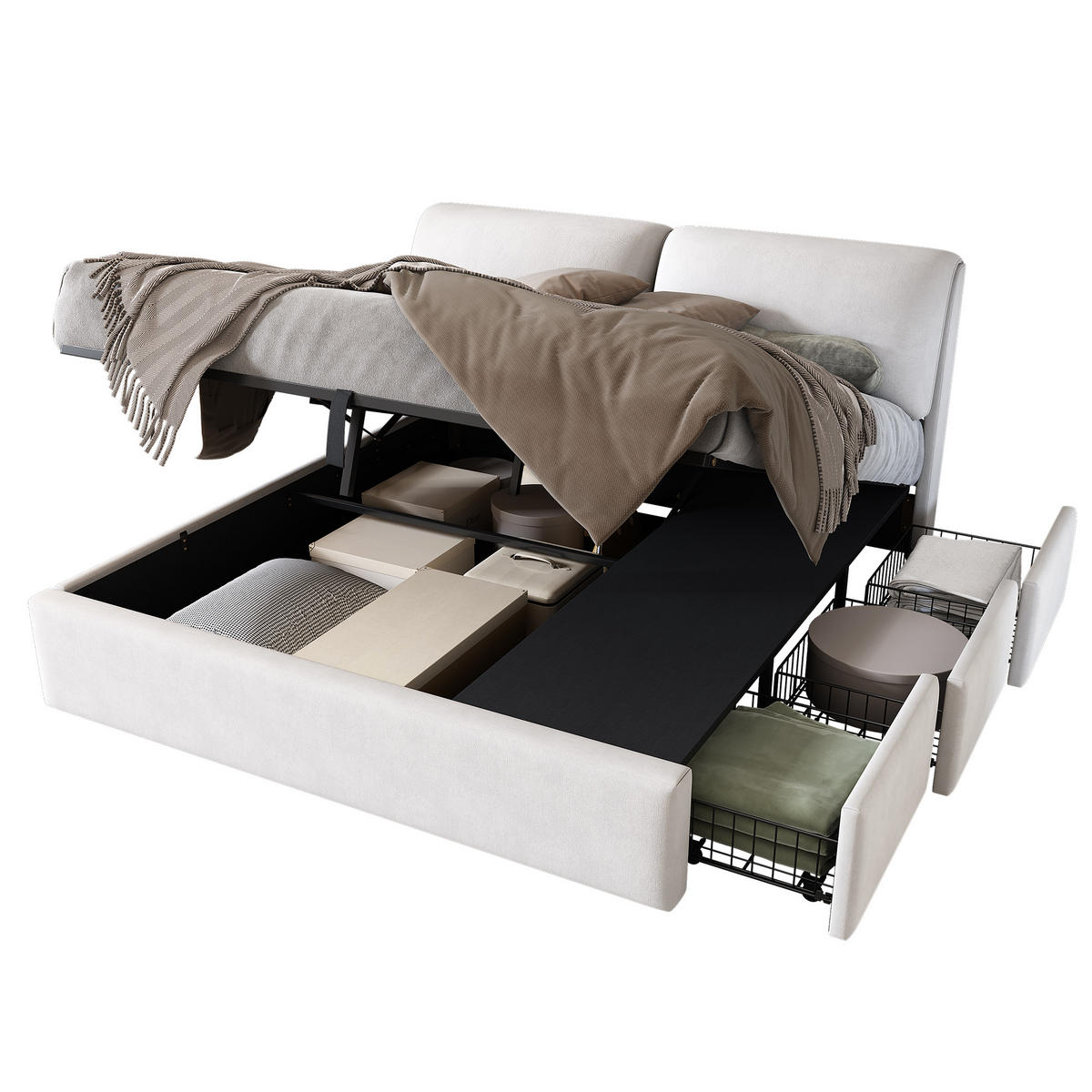 POLSTERBETT 180/200 cm Beige mit hydraulischem Bettkasten und drei Schubladen - Beige, Textil (180/200cm) - OKWISH