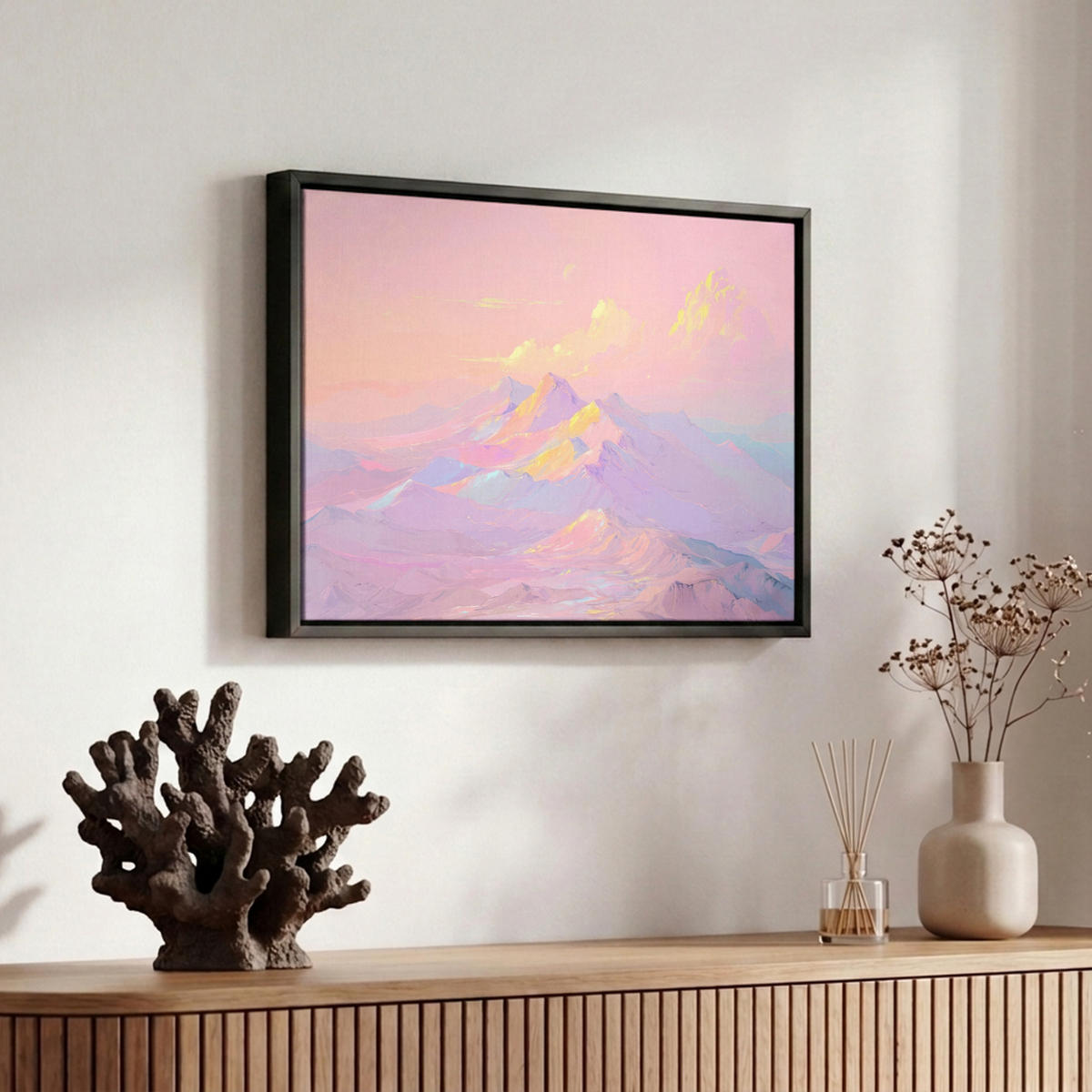 LEINWAND Bilder mit Rahmen - Berggipfel - Wolken - Verträumt - 30x20 - Hellrosa, Textil (30/20cm) - MuchoWow