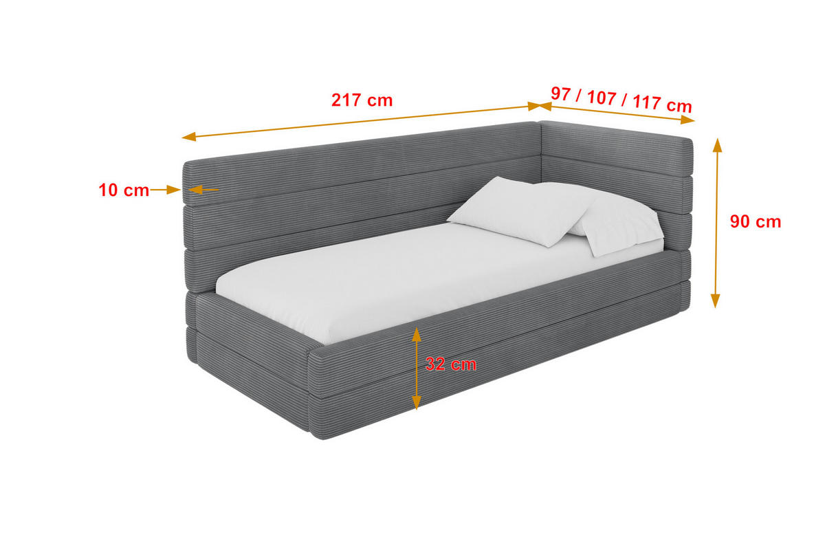 EINZELLBETT Jugendbett mit Bettkasten, Links - BEMY 90x200 Dunkelgrau - Graphitfarben, Holzwerkstoff/Textil (90/200cm) - ALTDECOR