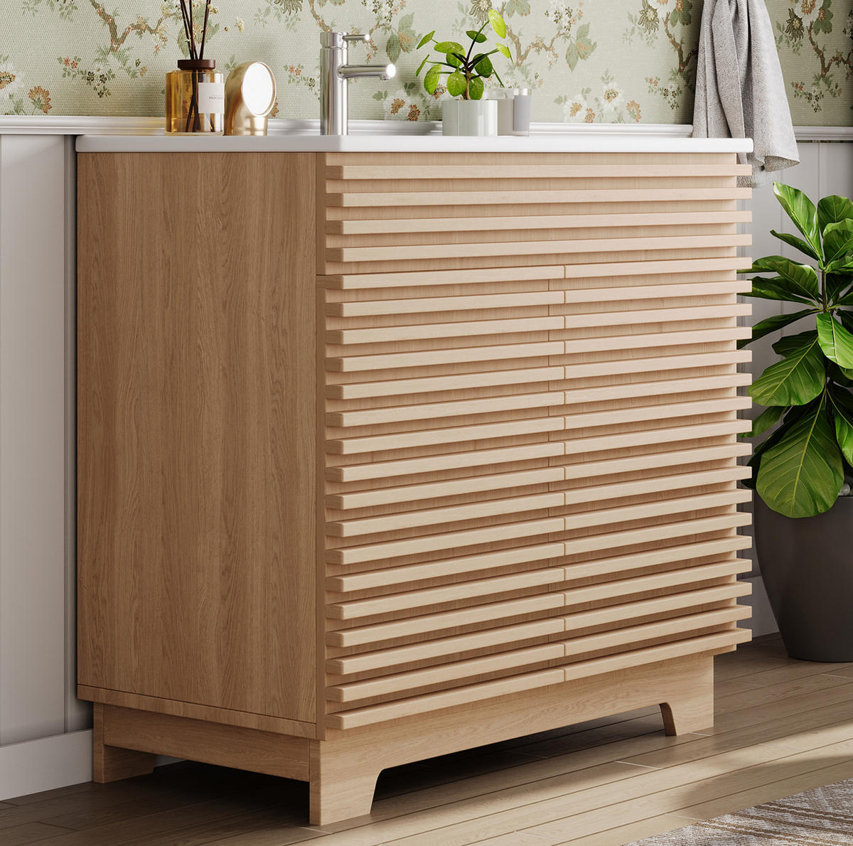 WASCHTISCHUNTERSCHRANK mit Keramikbecken 91 x 46 x 80 cm Natur - Naturfarben, Holzwerkstoff (46/80/91cm) - Beauniv