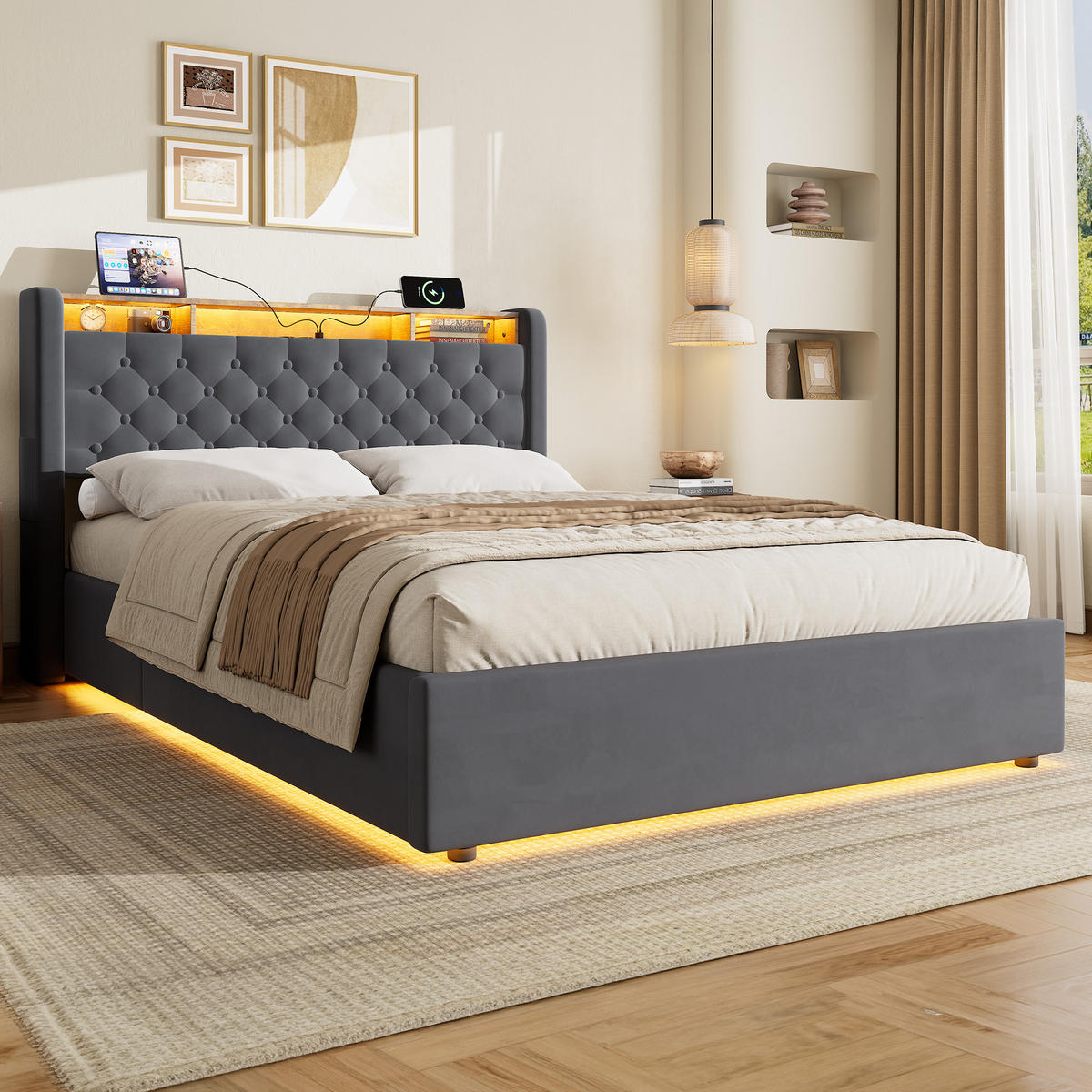 ČALOUNĚNÁ POSTEL 140/200 cm s matrací, úložným prostorem a zásuvkami, úložná postel s LED funkcí, šedá - šedá, kov/kompozitní dřevo (140/200cm) - STILVORA