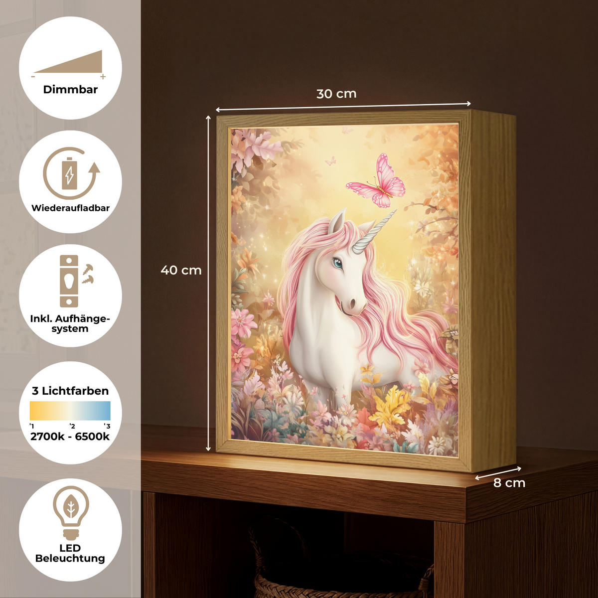 NÁSTĚNNÁ LAMPA S AKUMULÁTOREM Jednorožec - Květiny - Motýl - Růžová 30x40 cm - béžová, kompozitní dřevo (30/40/8cm) - OnlyWow