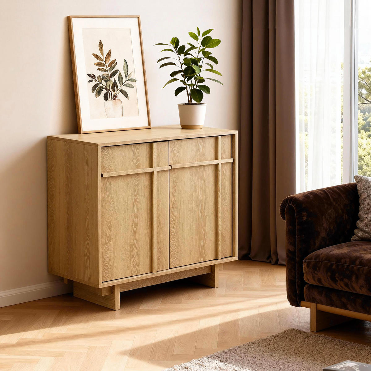 SIDEBOARD mit 2 Türen, Aufbewahrungsschrank in Eichenoptik mit geometrischer Holzleisten-Front| B80 x T40 x H77 cm - Braun, Holzwerkstoff (80/77/40cm) - Hometopia