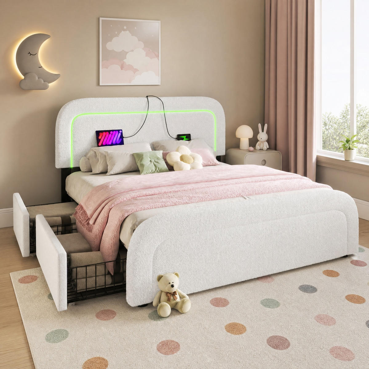 POLSTERBETT 160/200 mit LED, 4 Schubladen und USB-C-Ladefunktion - Weiß, Holzwerkstoff/Textil (160/200cm) - EVRYAE