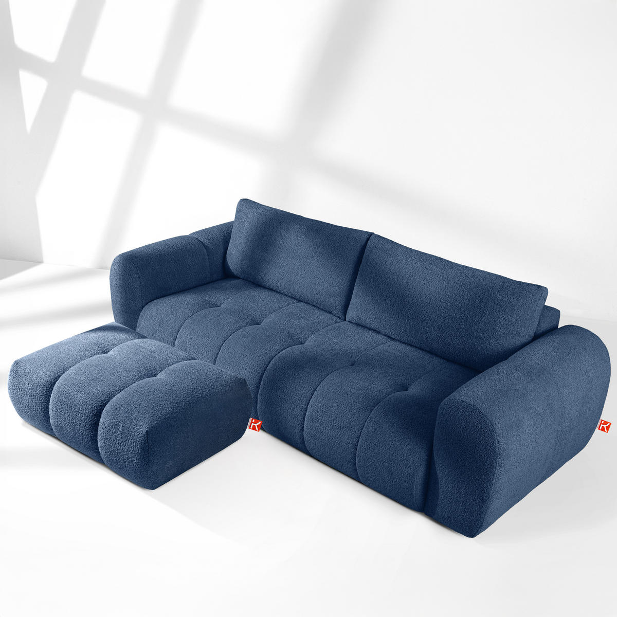 SOFA LIRA mit Pouf, Dunkelblau, Bouclé - Dunkelblau, Holz/Holzwerkstoff (96/43/50cm) - KONSIMO®