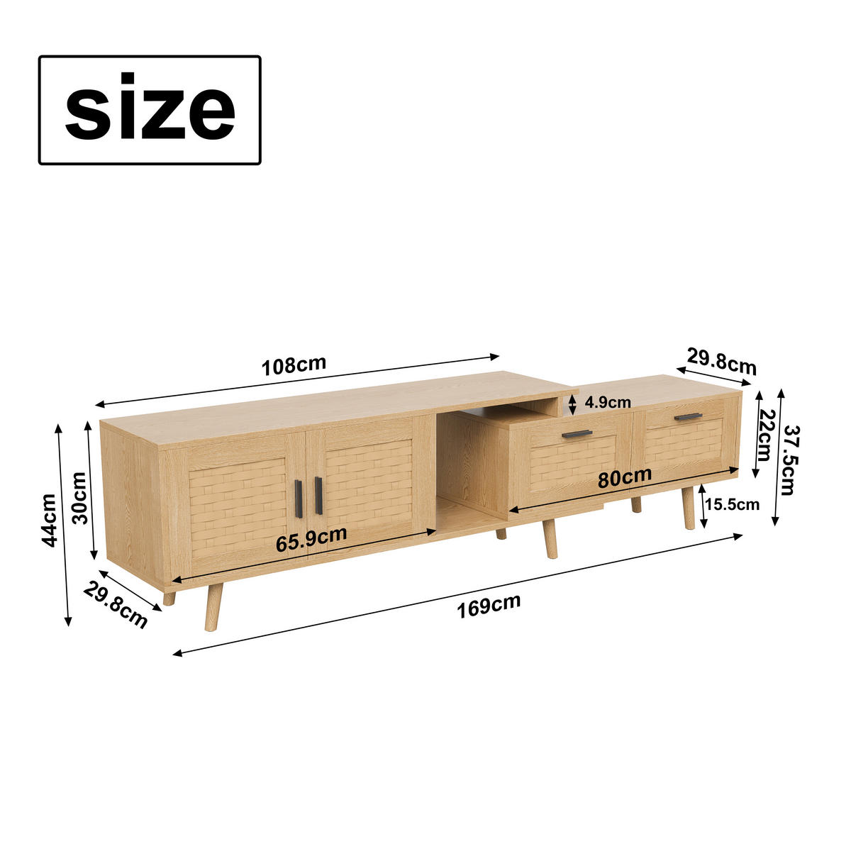 TV-SCHRANK 180x30x44 cm in Rattanoptik mit Schubladen und Türen - Naturfarben, Holz (30/44/180cm) - PARAFTA HOME