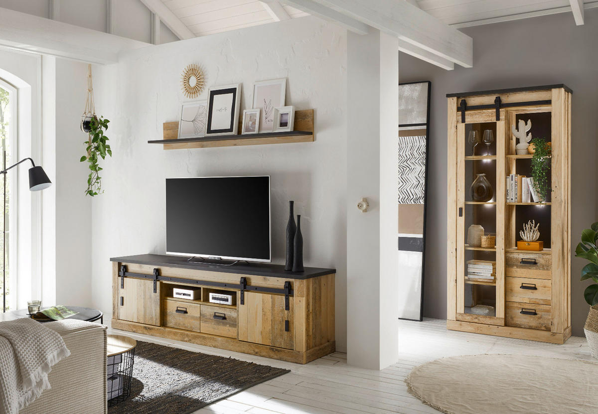 WOHNWAND Used Wood hell, anthrazit, Wohnkombination 3-teilig 314 x 201 cm - Eichefarben/Anthrazit, Holzwerkstoff/Metall (314/201/43cm) - Furn.Design