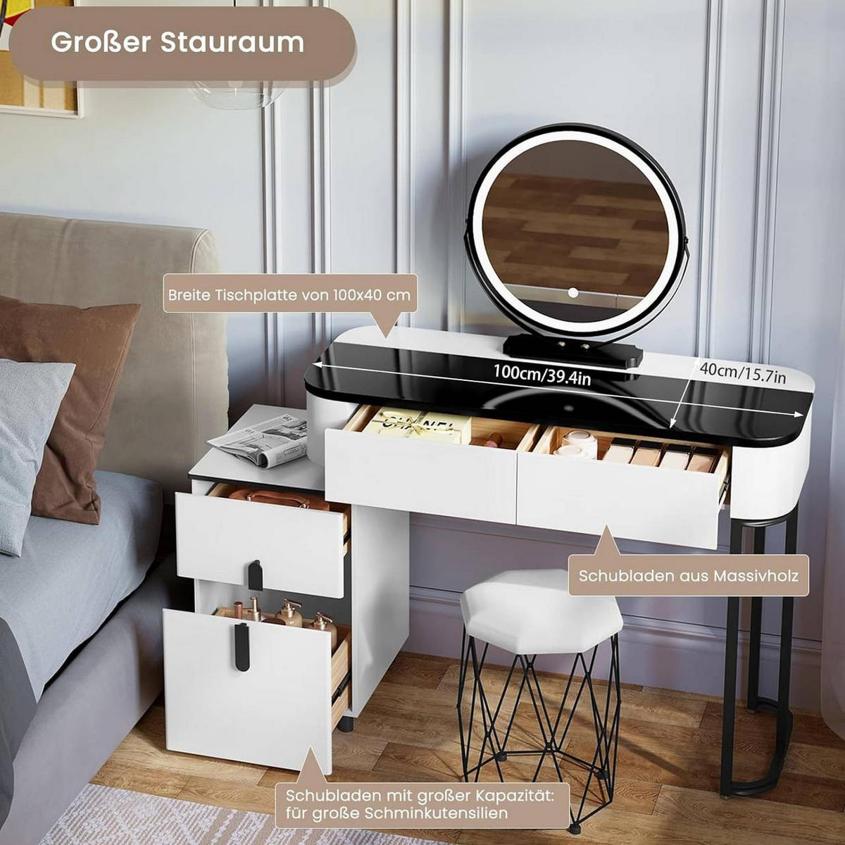 SCHMINKTISCH mit LED, Glasplatte, Seitenschrank, Weiß+Schwarz - Schwarz/Weiß, Holzwerkstoff/Metall (100/125/40cm) - Woltu