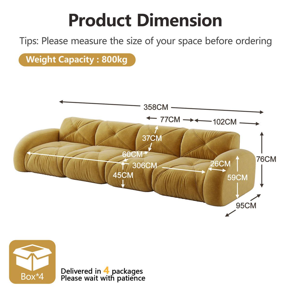 SOFA modular 4-Sitzer Chenille Yellow - Gelb, Kunststoff (95/76/358cm) - Meubliv