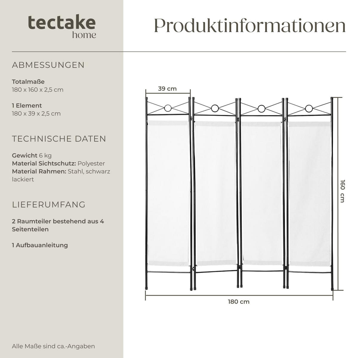 RAUMTEILER 2er Set, 160 x 2,5 x 180 cm, weiß - Weiß, Metall (2.5/180/160cm) - tectake