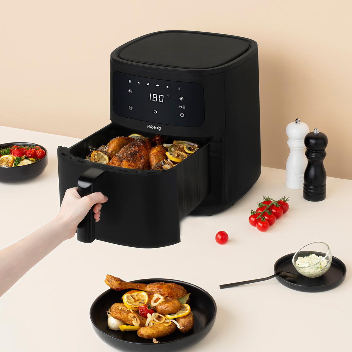 AIRFRYER XXL FRY880, Schwarz, Fritteuse ohne Öl, Kapazität 8L - Schwarz, Metall (30.5/38.5/37cm) - HKoenig