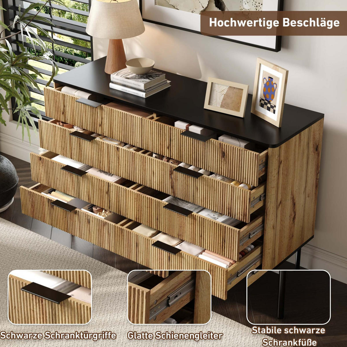 KOMODA 120/39,5/80 cm MDF přírodní/černá - černá, kompozitní dřevo (120/80/39.5cm) - BEAOK