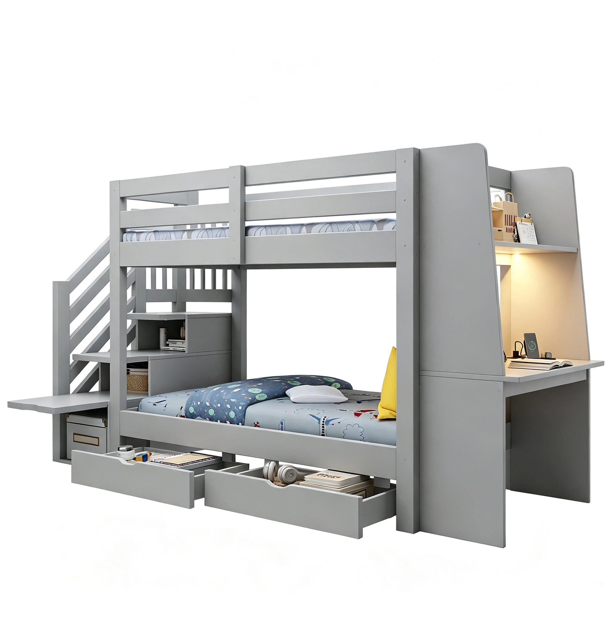 ETAGENBETT aus Holz 90x200 cm Grau mit Stauraumtreppe, Schreibtisch, LED und Steckdose - Grau, Holz (90/200cm) - Modfu
